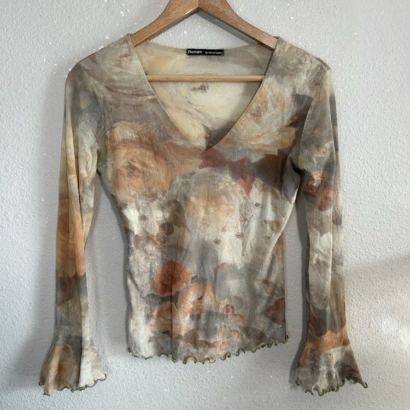 VTG Y2K Therapy Mesh V-Neck Top S Floral Roses Fairycore Whimsy Stretch - Picture 3 of 6